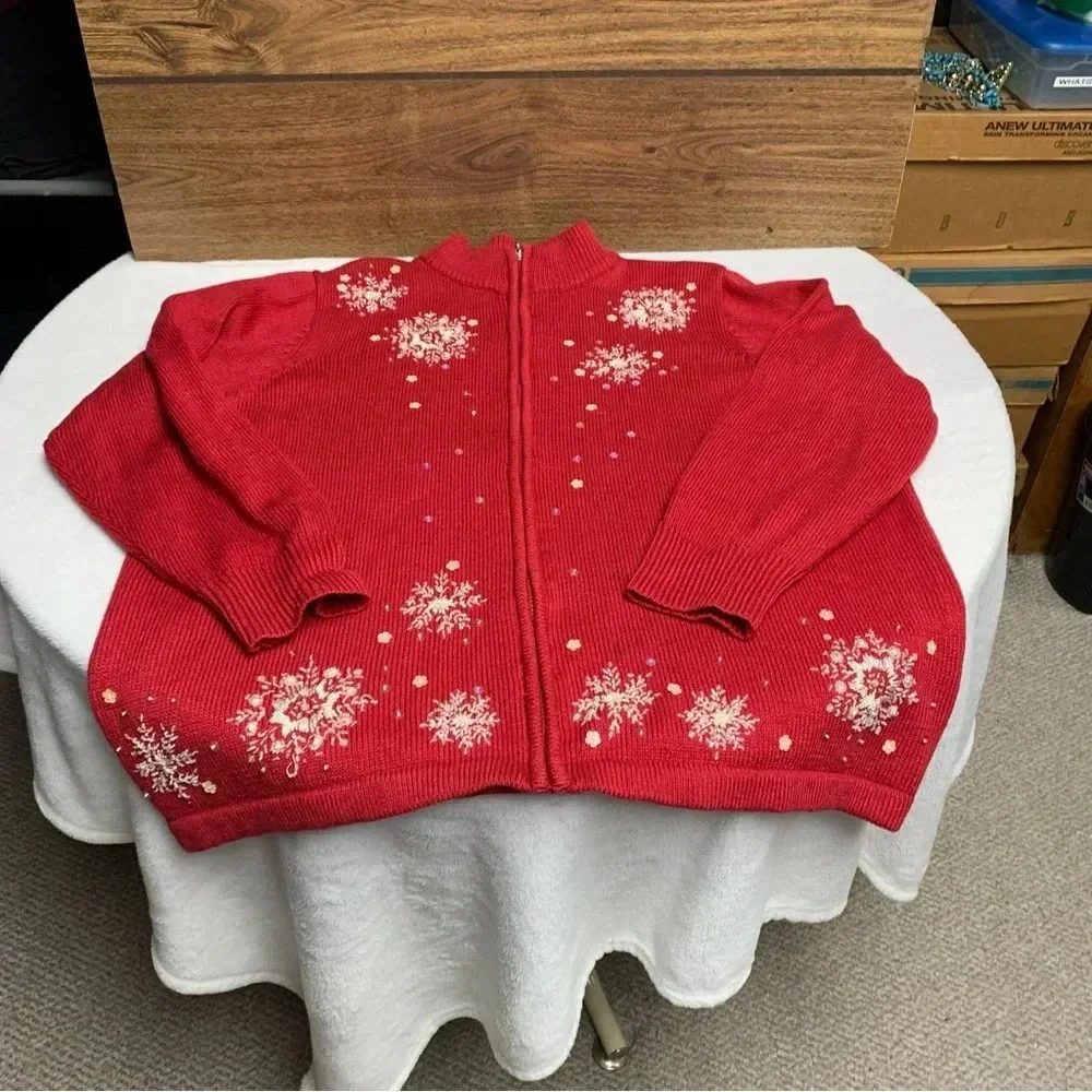 Christmas zip up sweater size 2X red with sequins snowflake themed